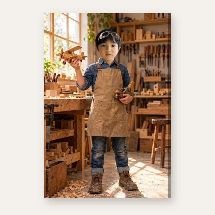 Another example of the Master Carpenter portrait, as a creative carpenter holding a wooden toy airplane in a sunlit workshop