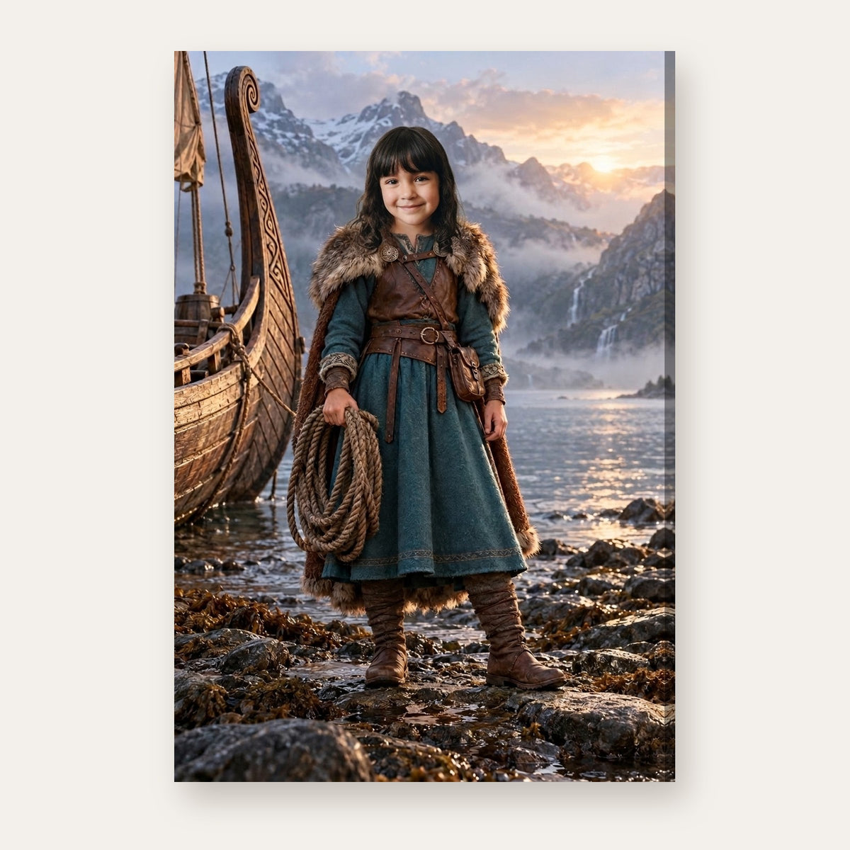 Another example of the Nordic Explorer portrait, as a Nordic explorer beside a carved wooden longboat on a misty fjord shore