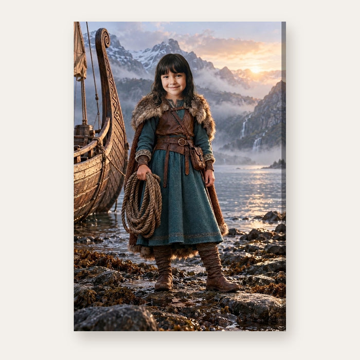 Another example of the Nordic Explorer portrait, as a Nordic explorer beside a carved wooden longboat on a misty fjord shore