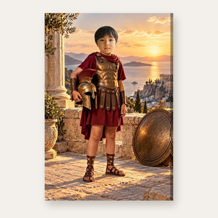 Another example of the Ancient Guardian portrait, as a noble ancient guardian in bronze-look armor on a sunlit coastal terrace