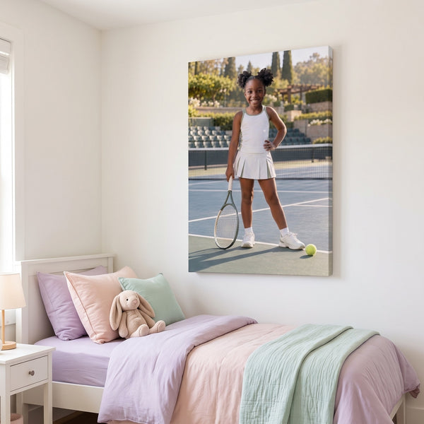 Tennis Champion canvas portrait hanging on a wall at home