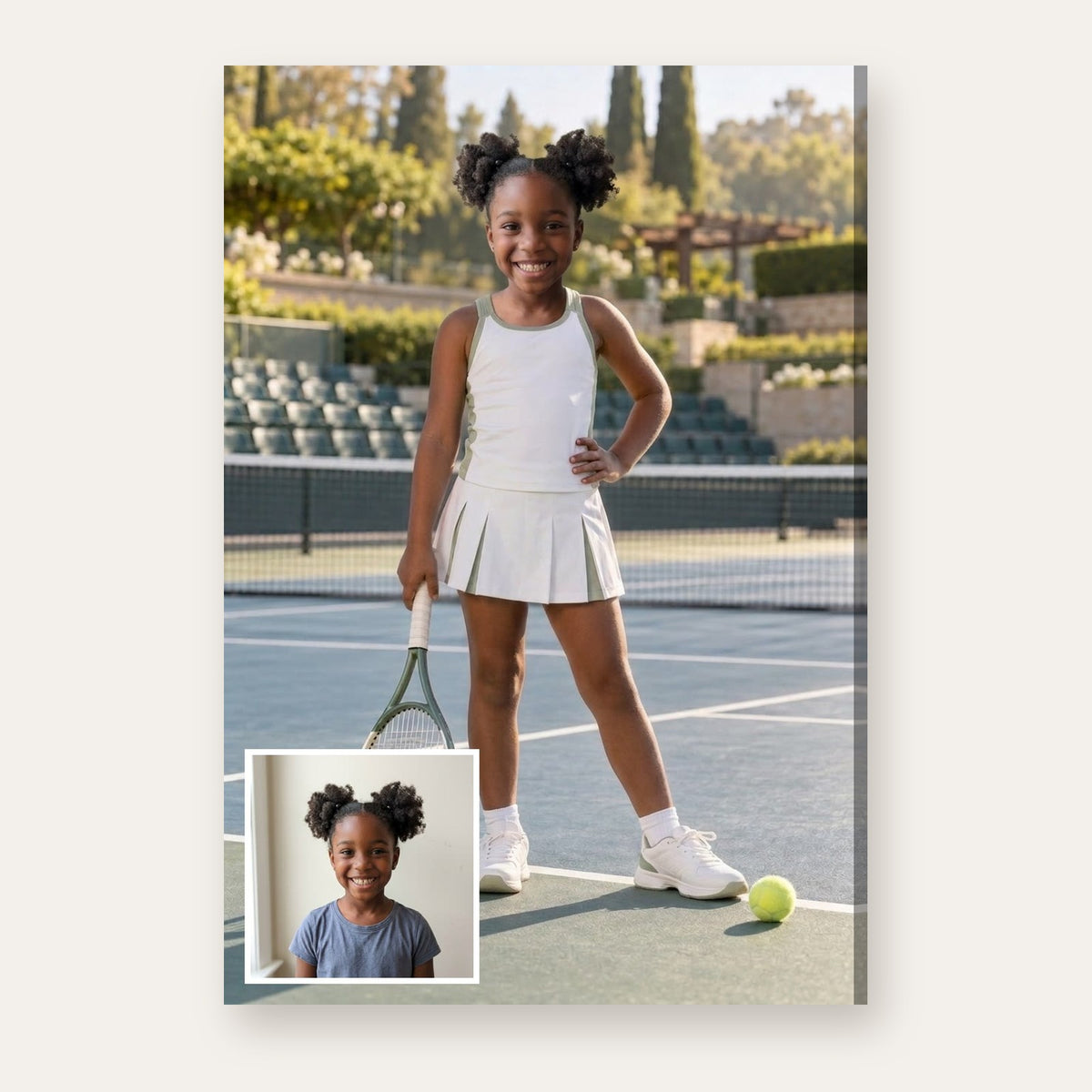 From a child's photo to the finished Tennis Champion portrait