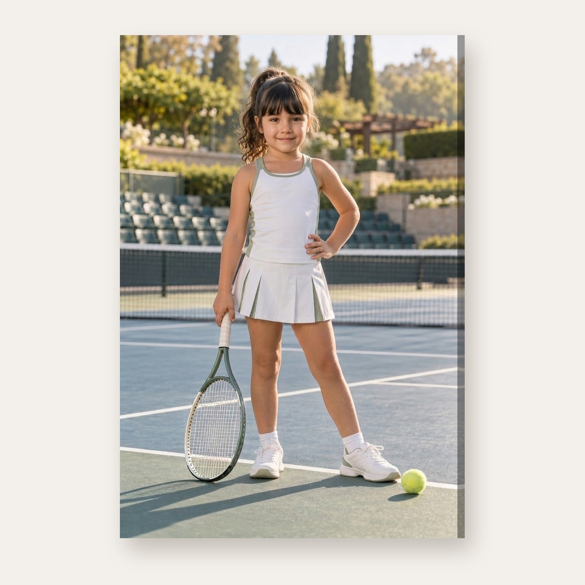 Another example of the Tennis Champion portrait, as a tennis champion in a white-and-sage outfit on a sunlit outdoor court