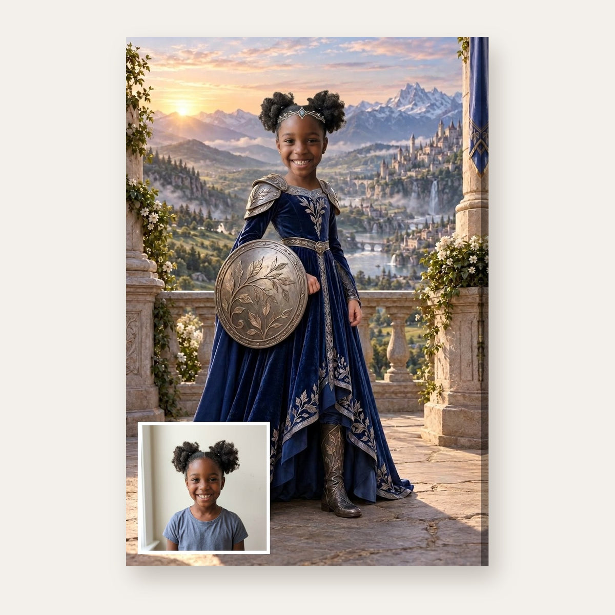 From a child's photo to the finished Warrior Princess portrait
