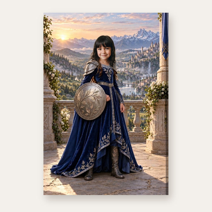 Another example of the Warrior Princess portrait, as an original warrior princess with a silver leaf shield on a peaceful castle terrace