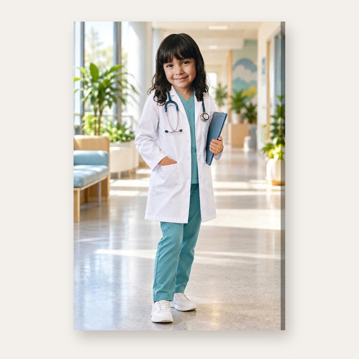 Another example of the Future Doctor portrait, as a caring future doctor in a white lab coat in a bright modern clinic
