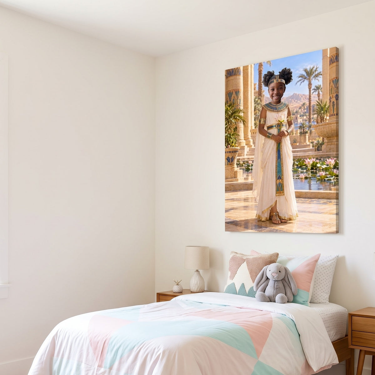 Young Pharaoh canvas portrait hanging on a wall at home