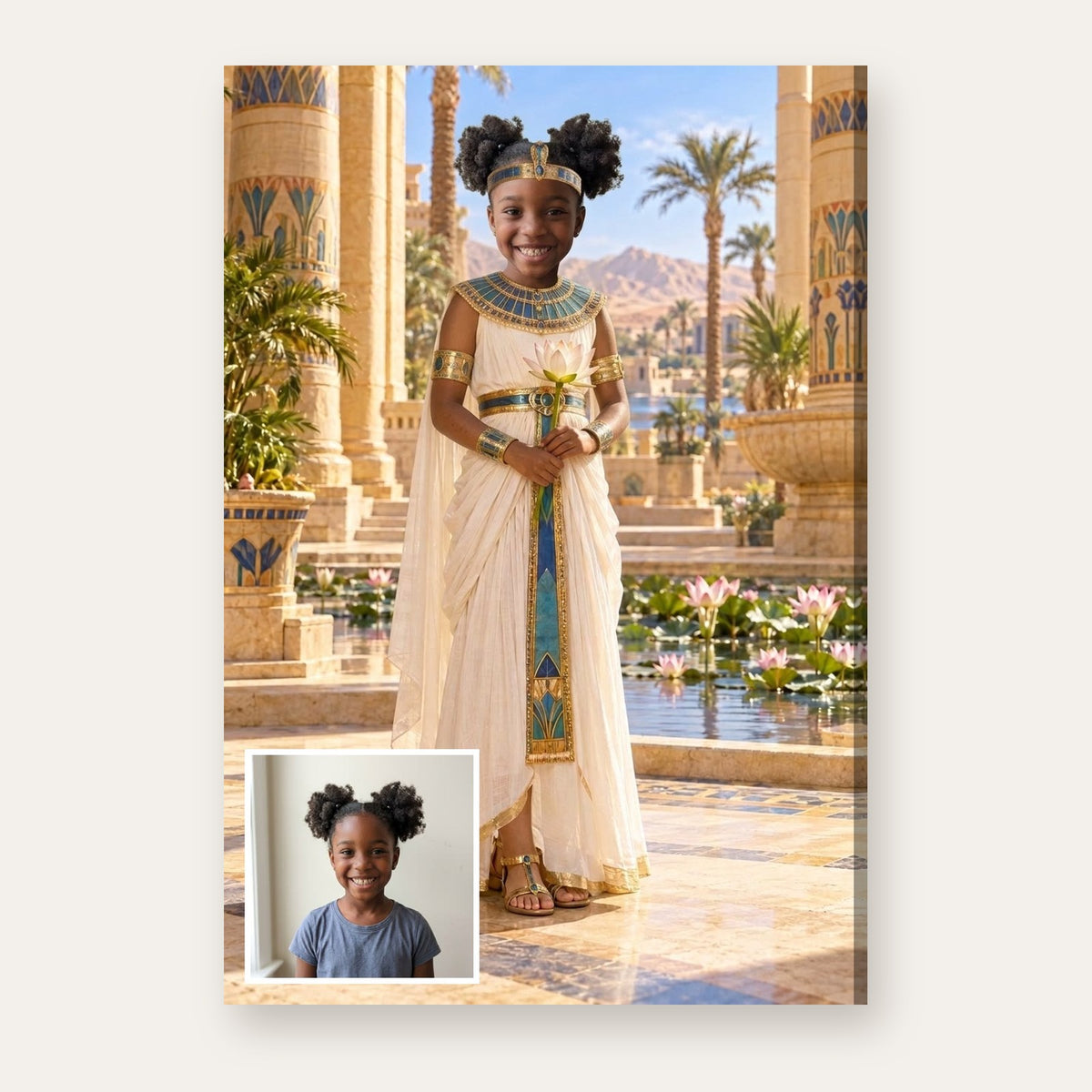 From a child's photo to the finished Young Pharaoh portrait