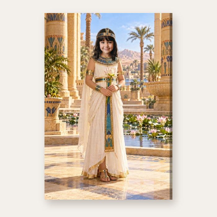 Another example of the Young Pharaoh portrait, as a young ancient Egyptian royal holding a lotus in a sunlit palace courtyard