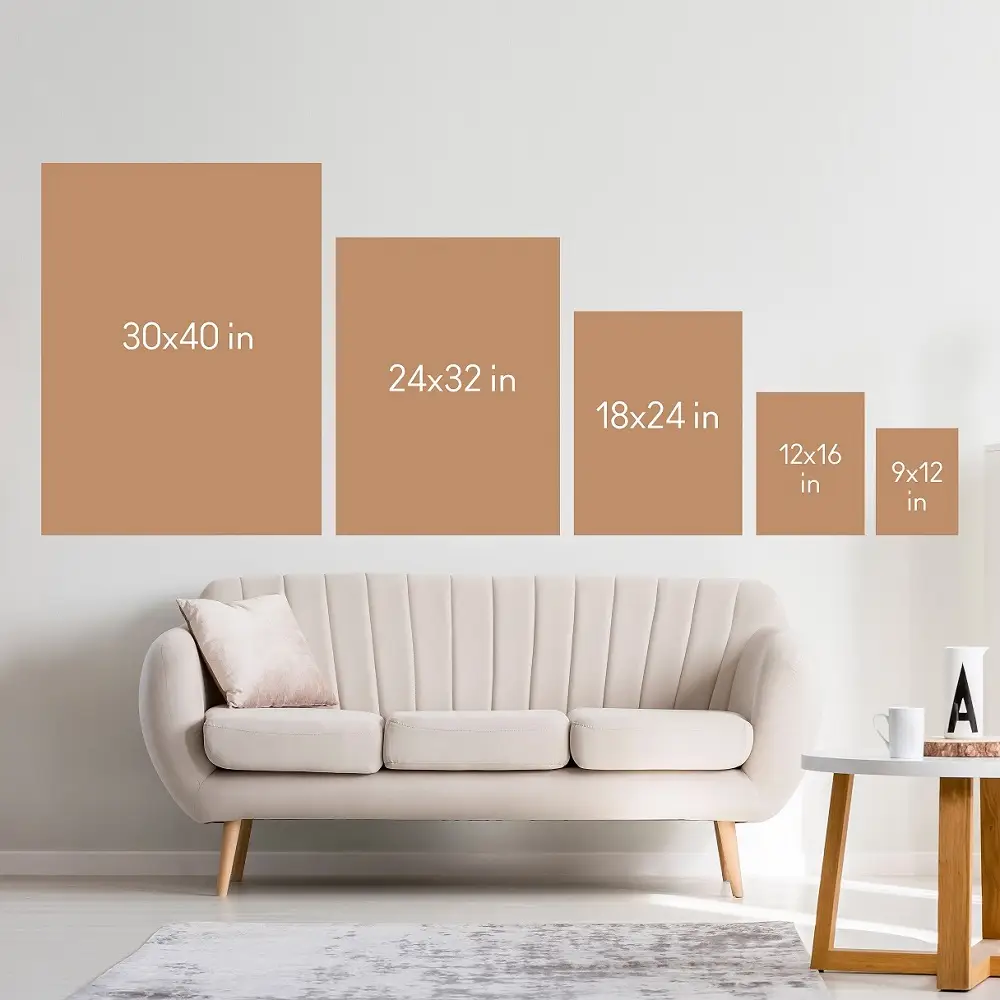 Canvas sizes shown on a living room wall: 30x40, 24x32, 18x24, 12x16 and 9x12 inches